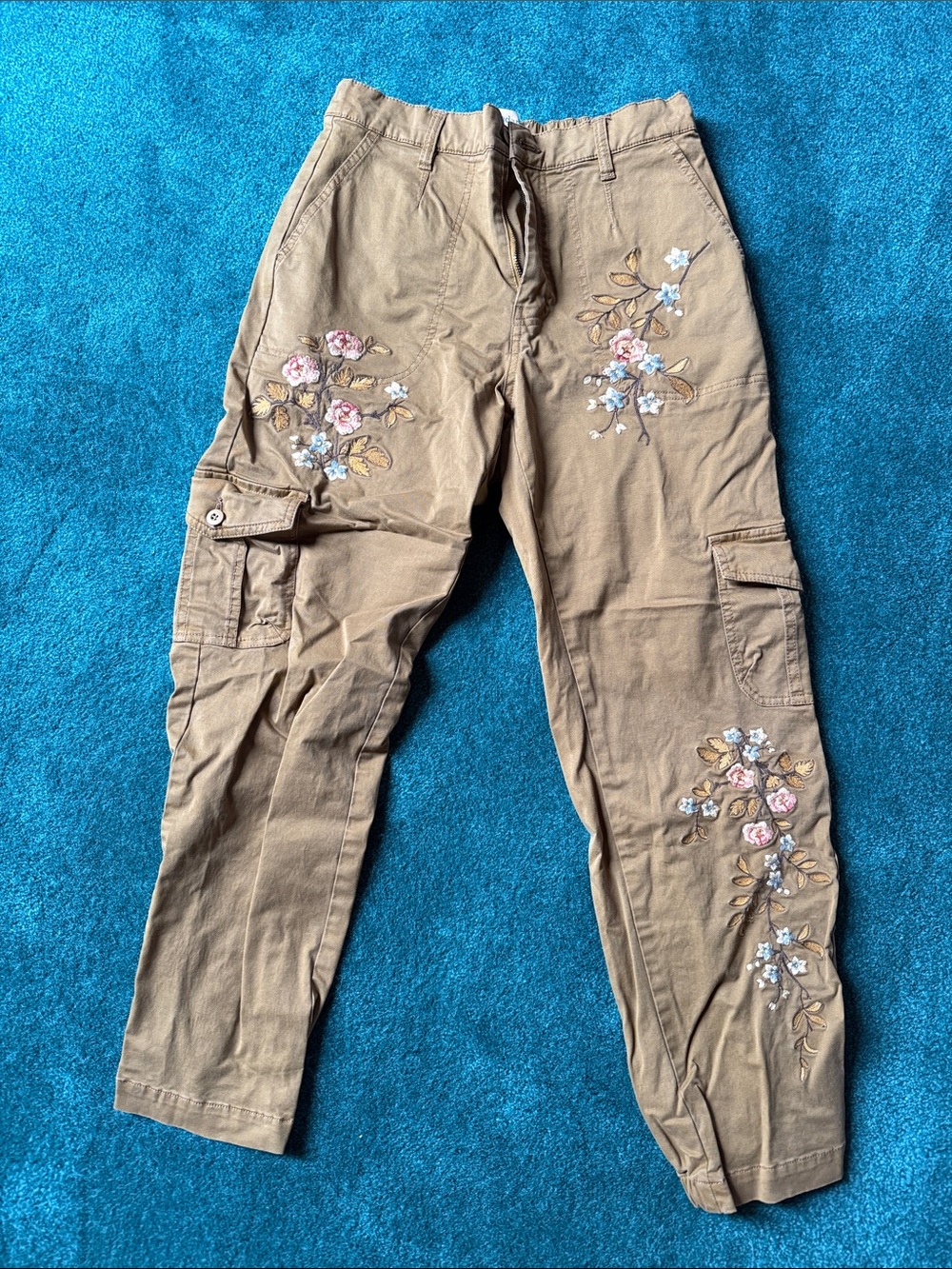 Sundance Tan/green Embroidered Cargo Pants with Floral Accents